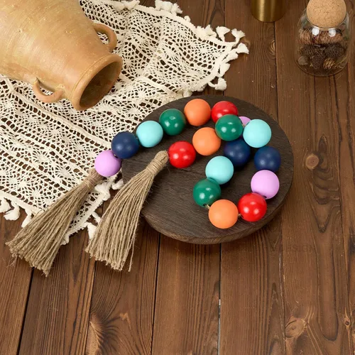 Vista 206 de OMISHE Guirnalda de cuentas de madera extra grande con cuentas de madera y borlas de 1.6 pulgadas de diámetro, cuentas decorativas rústicas de 41