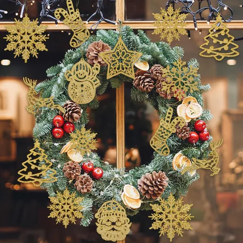 Vista 7 de Adorno de copo de nieve dorado para decoración de árbol de Navidad, 42 piezas de plástico con purpurina dorada, calcetín de copos de nieve dorados