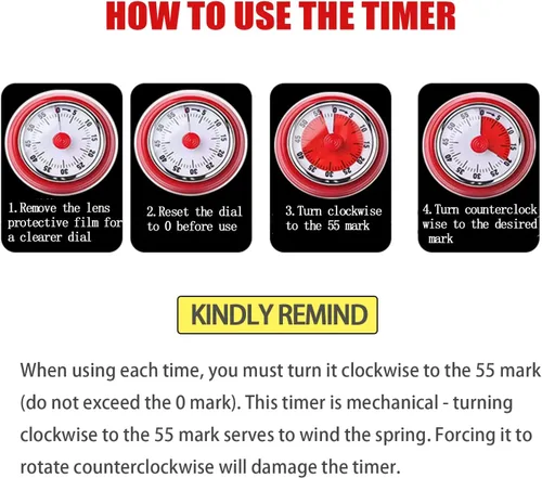 Vista 2 de Temporizador mecánico de cocina, respetuoso con el medio ambiente, no necesita pilas, reloj despertador magnético de cuenta regresiva de 60 minutos
