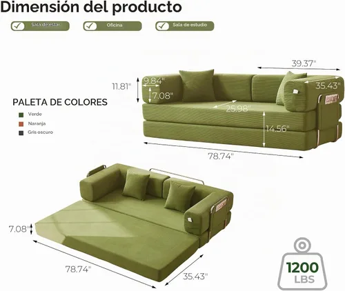 Vista 2 de Sofá cama convertible de 79 pulgadas con almohadas, sofá cama plegable de pana con marco de forma fija, sofá deshuesado para sala de estar