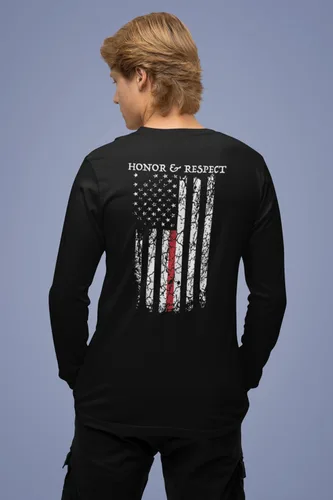Vista 2 de Camiseta de manga larga Honor Respect U.S. Flag Red Line Firefighter Negro