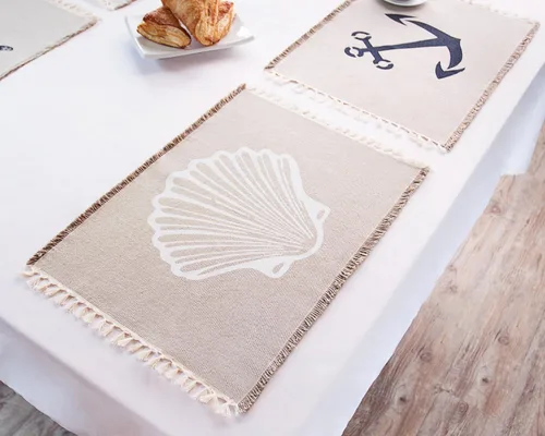 Vista 6 de Living Fashions Juego de 4 manteles individuales para mesa de comedor, 100 % algodón lavable, diseño de concha de mar, dólar de arena, estrellas