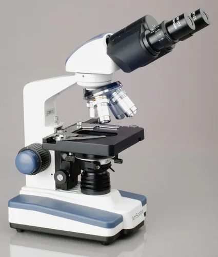 Vista 2 de AmScope Microscopio compuesto binocular de laboratorio 2500X LED w 3D-etapa, libro y conjunto de diapositivas en blanco