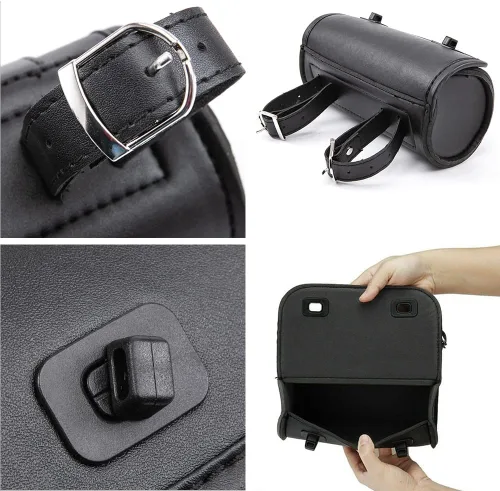 Vista 6 de kucehiup Bolsa para manillar de motocicleta, bolsa universal enrollable de herramientas de piel sintética (negro)
