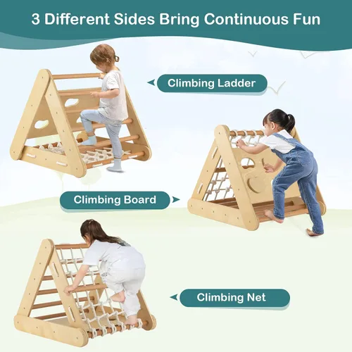 Vista 5 de Costzon Juguete de escalada 4 en 1 para niños pequeños, trepador de triángulo de madera Montessori de 3 lados con rampa deslizante, red de escalada