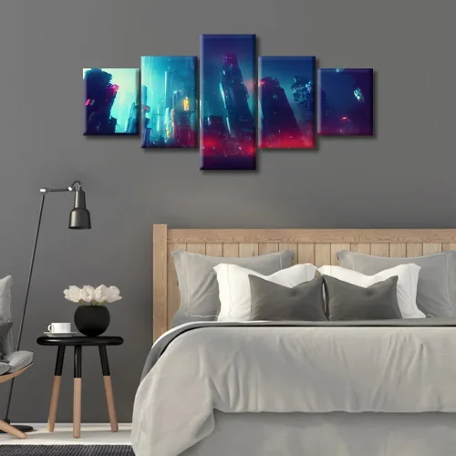 Vista 23 de Cuadros de 5 paneles de Cyberpunk City, arte de pared, representación de vallas publicitarias, edificios modernos en la capital con obras de arte