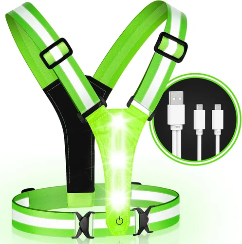 Vista 8 de LED Reflective Running Vest - Light Up With 3 Modes, Rechargeable Night Gear for Runners - Safety Belt for Women Men Verde