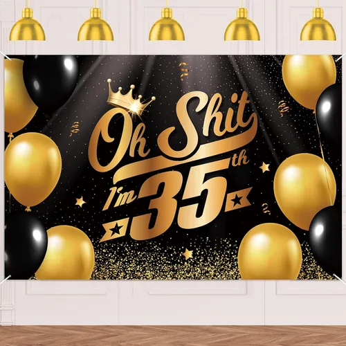 Vista 31 de Oh S*hit I'm 10th Banner telón de fondo negro dorado globos corona confeti Hallo Quince Cheers to 10 años decoración temática decoración para hombre