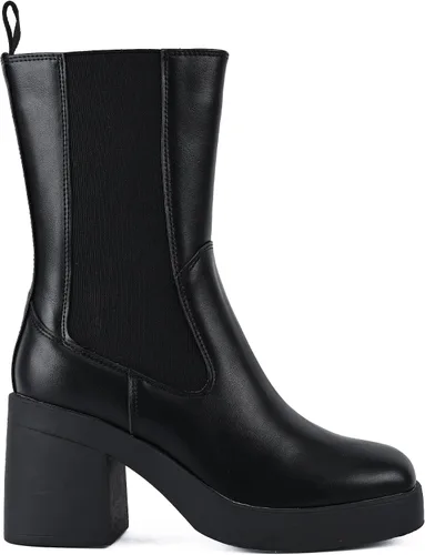 Vista 3 de Peach Ting Women's Chelsea Boot Fashion Chunky Platform Slip On Heel Mid Calf Black Audi1