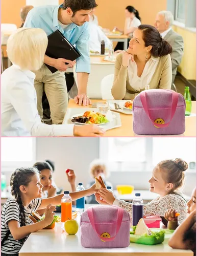 Vista 7 de Lonchera para mujeres, niñas y hombres, lindas bolsas de felpilla con cara sonriente, reutilizable, aislada, gran capacidad, reutilizable, aislada