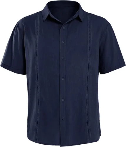 Vista 3 de Hestenve Camisa de manga corta para hombre, estilo guayabera, de lino, algodón, hippie, playa, con botones