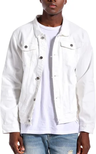 Vista 20 de LAMKUKU Chaqueta de mezclilla para hombre rasgada ajustada, abrigo de chaqueta vaquera para hombres