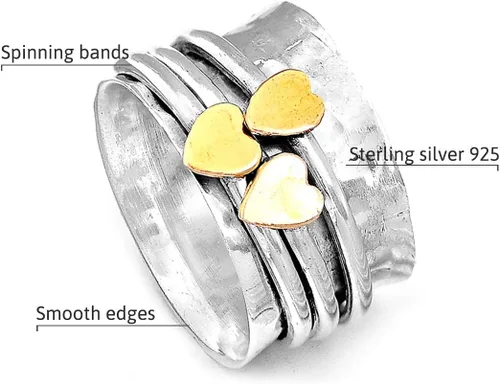 Vista 5 de Boho-Magic Anillo giratorio para mujer de plata de ley 925 con corazones de latón y bandas antiestrés