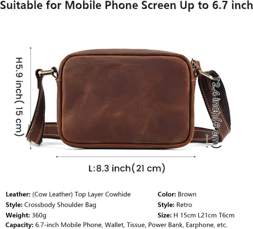 Vista 7 de Bolso cruzado retro para teléfono para hombre, pequeño bolso de hombro de cuero de caballo loco, bolso de mano de alta capacidad para hombre, bolso