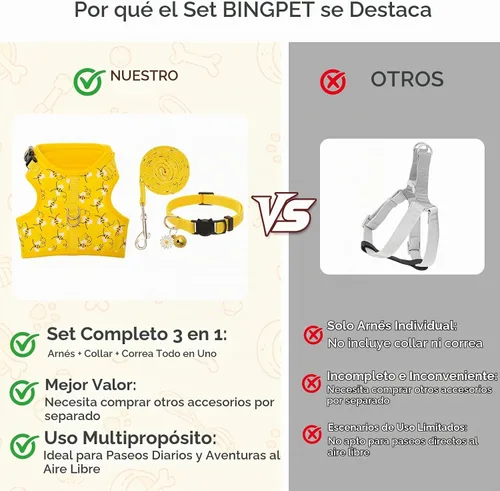Vista 3 de BINGPET Arnés para gatos con correa y collar para caminar, a prueba de escapes, con correa de 59 pulgadas, arnés de chaleco suave ajustable