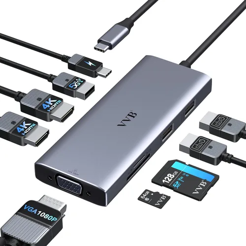 Vista 8 de Estación de acoplamiento USB C de monitor dual para laptop Dell/Lenovo/HP; estación de acoplamiento HDMI; hub USB C; adaptador multipuerto dongle