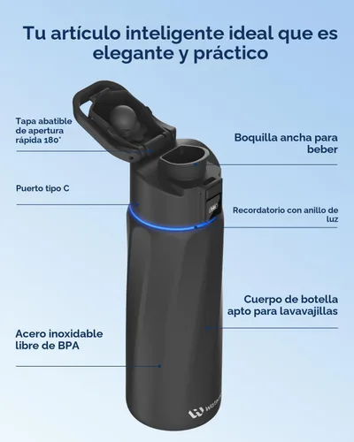 Vista 6 de BOOST - Botella de agua inteligente que te recuerda que debes beber, botella aislada al vacío de acero inoxidable sin BPA de 24 onzas, botella