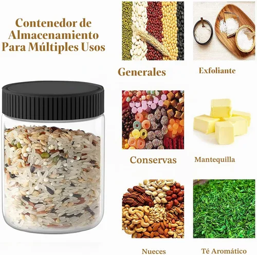 Vista 4 de Paquete de 6 tarros de plástico de 8 onzas con tapas negras Contenedores de almacenamiento de cocina recargables para alimentos secos, café, nueces
