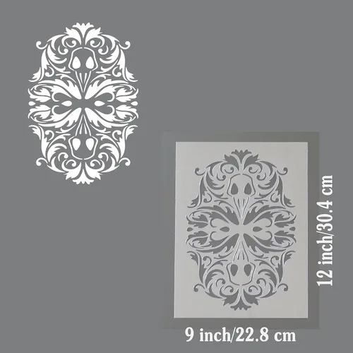 Vista 4 de Plantilla de damasco floral decorativa de doble calavera gótica de cuervo de 9 x 12 pulgadas.