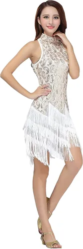Vista 6 de Vestido de flecos para mujer, cuello alto, lentejuelas con purpurina, vestidos de baile latino, vestido de baile vintage de los años 20 para adultos