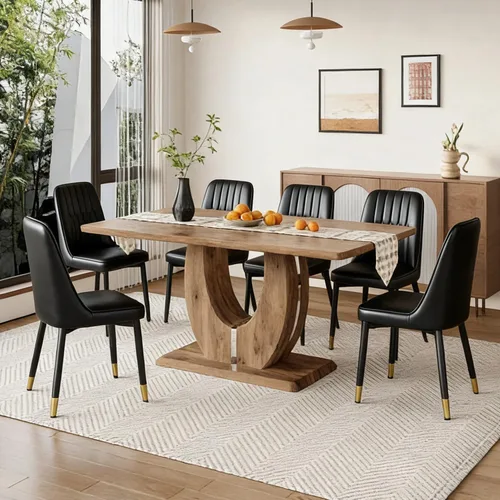 Vista 2 de Moderno juego de mesa de comedor para 6, mesa de cocina de madera con sillas de cuero, juego de mesa de comedor de 7 piezas con parte superior