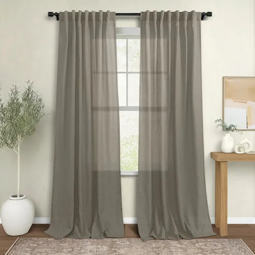 Vista 102 de Cortinas rústicas color beige tostado de 42 x 84 pulgadas de largo para sala de estar, juego de 2 paneles transparentes de lino natural, imitación