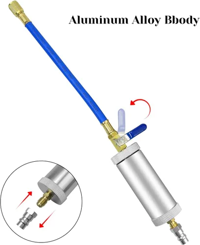 Vista 3 de Inyector de aceite y tinte para aire acondicionado R134A, kit de inyector de aceite para compresor con acoplador rápido de 2 OZ, herramienta HVAC