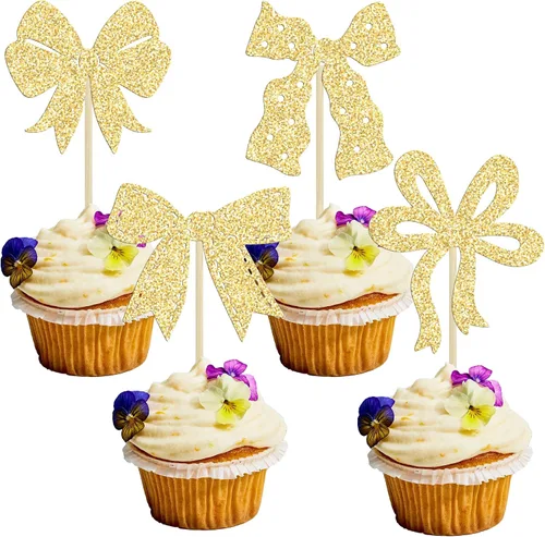 Vista 15 de Ephlyn 24 adornos para cupcakes con lazo para decoración de pastel de cumpleaños, decoración de fiesta de cumpleaños para niñas, decoración de Negro