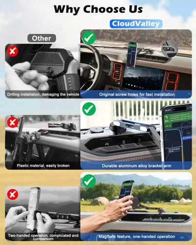 Vista 2 de CloudValley Ford Bronco 2021-2026 - Soporte magnético para teléfono con aleación de aluminio, ajustable en 360°, sin taladro, sin daños, fácil