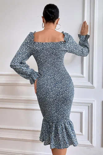 Vista 5 de PRETTYGARDEN Vestido midi de manga larga abombada floral para mujer cuello cuadrado volantes vestido fruncido de sirena
