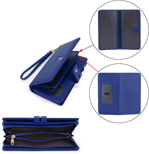 Vista 4 de UTO Cartera de pulsera para mujer desmontable para chequera, tarjeta, billetes, teléfono, organizador grande, 1085 azul, Grande, Moderno