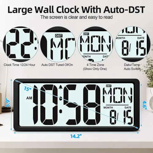Vista 5 de XREXS - Reloj de pared digital grande, funciona con pilas y retroiluminación 15" LED Large Display Timer with Temperature Date Week Auto DST