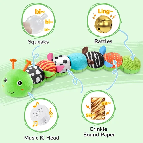Vista 7 de AWOTOY Juguetes para bebés de 6 a 12 meses, oruga musical, animales de peluche, juguetes para bebés de 0 a 3 a 6 meses, juguetes sensoriales