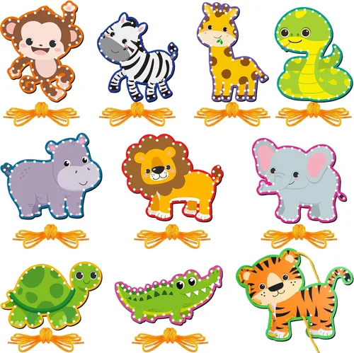 Vista 11 de Pajean Juego de 10 tarjetas con cordones para niños, tarjetas de costura de animales de doble cara, 10 estilos, manualidades de juguete para niños a
