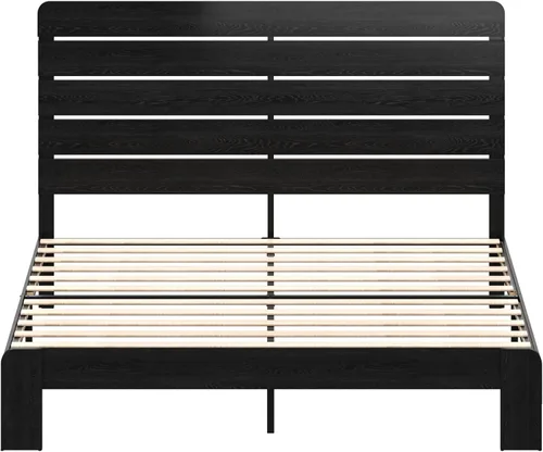 Vista 7 de Marco de cama de madera tamaño King con cabecera, base de cama de plataforma estilo granja rústica con soporte de listones de madera, resistente