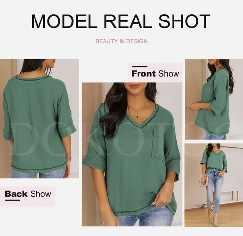 Vista 4 de Dokotoo Blusas tipo túnica para mujer con cuello en V y manga 34 para verano 2024