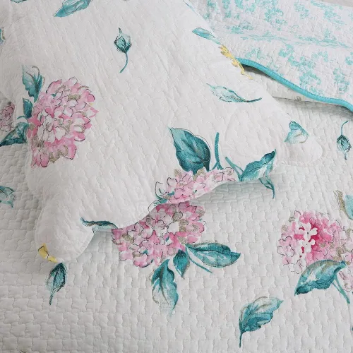 Vista 2 de Juego de edredón floral de hortensias de 3 piezas, ropa de cama de dormitorio 100% algodón, tamaño matrimonial/queen