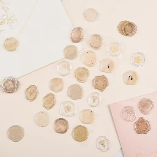 Vista 6 de Calcomanías de sello de cera ámbar transparente, 54 piezas de sellos de sobres con temática floral, calcomanías adhesivas para Navidad, invitaciones