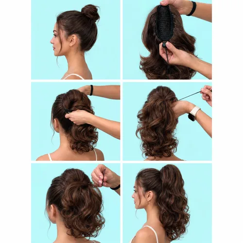 Vista 7 de CAISHA Extensiones de cola de caballo de 18 pulgadas, voluminosas, onduladas, marrón ceniza, mezcla de rubio claro PH35