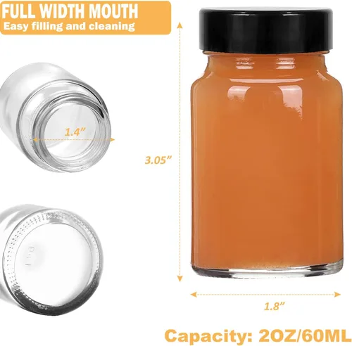 Vista 3 de Botellas pequeñas de vidrio transparente de 2 onzas con tapas, 12 botellas de boca ancha con tapas para chupitos de jengibre, jugo, poción