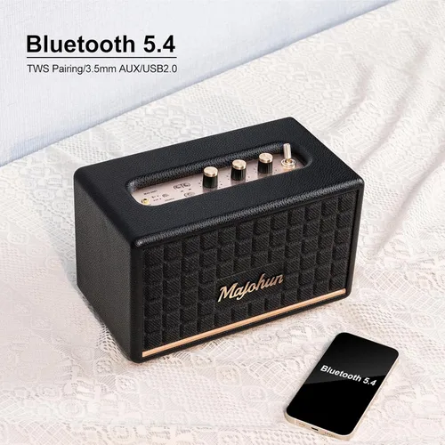 Vista 3 de Altavoz Bluetooth 5.4 de madera pico de 100 W, estéreo TWS vintage (negro) Retro style with bass & treble control, AUX & USB input; multiple