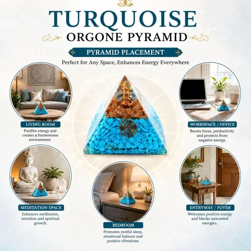 Vista 4 de Exquisitas piedras preciosas de cristal de pirámide de orgón turquesa A++ Chakra Cobre Metal