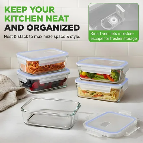 Vista 4 de NutriChef 10 recipientes de vidrio para almacenamiento de alimentos con tapas, recipientes de preparación de comidas de 30 onzas, reutilizables, Azul