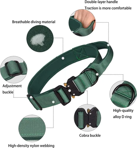 Vista 3 de Collar táctico para perro, collar ajustable de nailon para entrenamiento militar con mango de control y hebilla de metal pesado para perros medianos