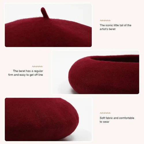 Vista 97 de Boina de lana francesa para mujer, gorra de invierno clásica de color sólido