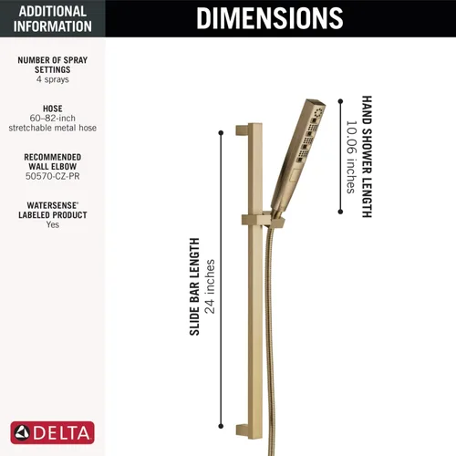 Vista 2 de Delta Faucet Tetra H2Okinetic - Regadera de mano con manguera, cabezal de ducha de mano dorado, ducha de mano con barra deslizante, ducha de mano