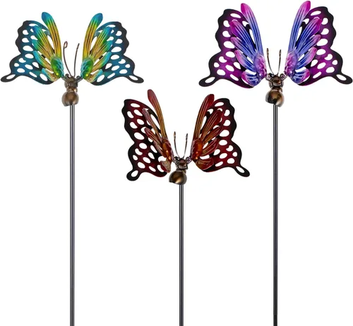 Vista 7 de Paquete de 3 Estacas Decorativas de Jardín con Mariposas, Adornos Exteriores de Arte de Metal para Patio, Estacas de Jardín para Decoración