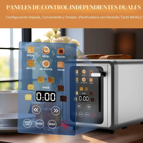 Vista 2 de WUNLY Tostadora de 2 Rebanadas, Panel de Control Dual Independiente con Pantalla Táctil, 5 Funciones Básicas y Cuenta Regresiva Digital, 6 Ajustes
