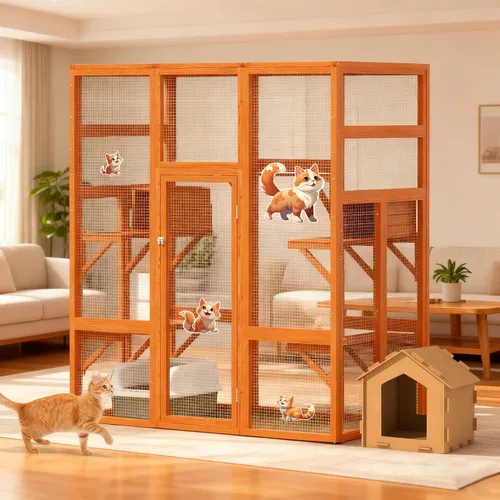 Vista 10 de COZIWOW Catio de madera grande de 70 pulgadas para exteriores con perchas y condominios, jaula para gatos interior con techo impermeable, 7