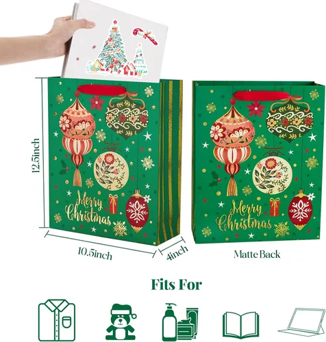 Vista 5 de PAPER FAIR 12 piezas de bolsas de regalo de Navidad rojas, verdes, doradas metálicas a granel, grandes de 12.5x10.5 pulgadas, bolsas de regalo